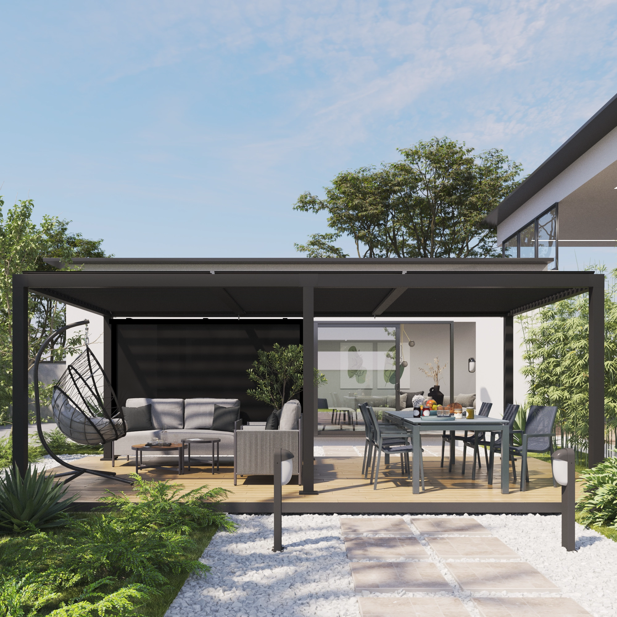 Pergola bioclimatica in alluminio NATERIAL Origin grigia e lamiera grigio scuro da 313 x 614 x 230 cm manuale