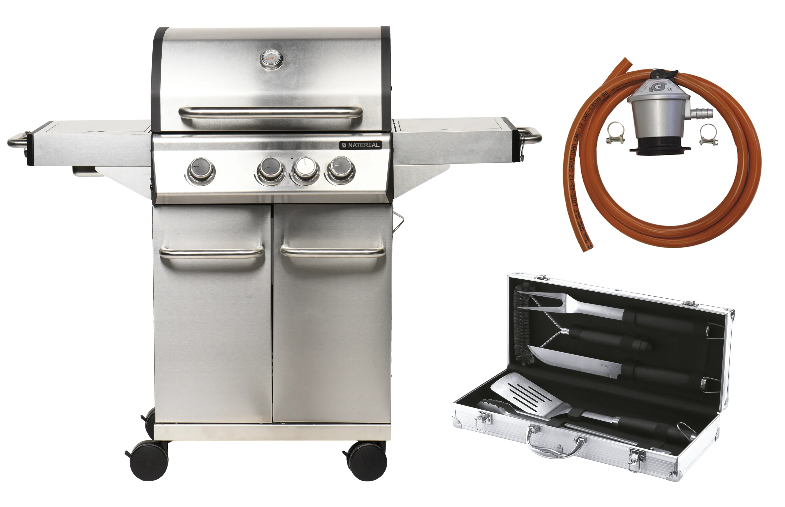 Pack barbecue a gas NATERIAL Hudson + Adattatore gas + Valigetta 5 accessori