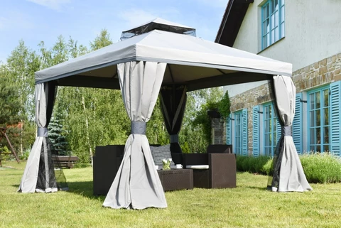 Pavilhão de jardim com mosquiteiro e cortinas Valencia 3×3 cinza