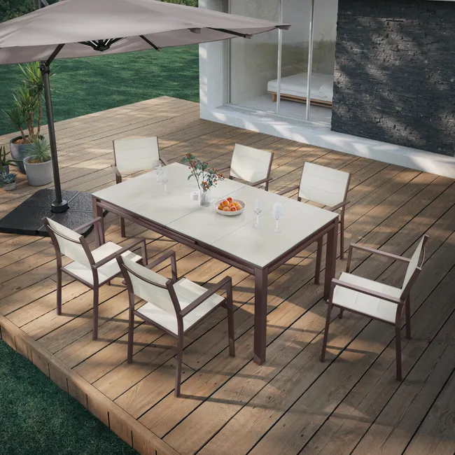 Conjunto de jardim Odyssea / Alpha extensível de alumínio moka para 6 pessoas
